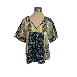 Nora Cora Small Lime Blue Folk Style Top